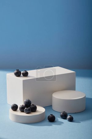 Against a blue background, three white podiums are arranged for product promotion of Blueberry (Vaccinium Corymbosum) extract. Blueberry has a lot of advantages for women
