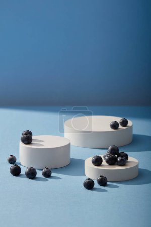Photo for Stage showcase on round podiums displayed on light blue background with some blueberries. Blank space for natural cosmetic product advertising of Blueberry (Vaccinium Corymbosum) extract - Royalty Free Image