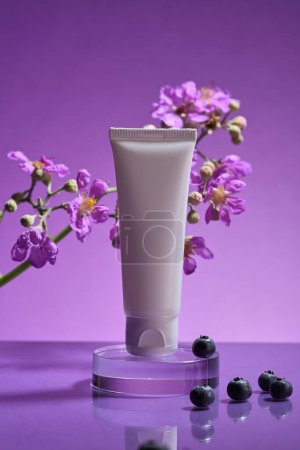 Photo for Against a purple background, a white tube without label placed on a transparent podium, decorated with blueberries and purple flower branch. Natural organic beauty cosmetics concept - Royalty Free Image