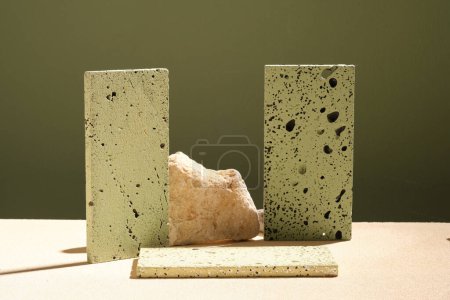 Photo for Art rectangle podiums have many holes, displayed with a stone. Cosmetic products, goods promotion with blank space - Royalty Free Image