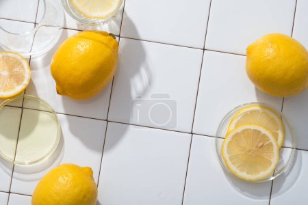 Téléchargez les photos : Boîtes de Pétri en verre avec tranches de citron placées dessus et remplies d'huile essentielle extraite de citron (limon d'agrumes). Espace vide au milieu pour la présentation de produits cosmétiques naturels - en image libre de droit
