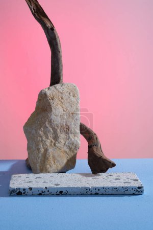 Photo for A block of stone arranged with tree branch and an empty rectangle podium on gradient background. Goods or cosmetic product advertising - Royalty Free Image