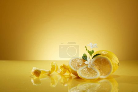 Some Lemon slices and peels decorated on mirror table with small white flowers against a yellow background. Lemon (Citrus limon) is known as a natural skin brightener