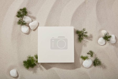 Beautiful natural scenery of the sand with green leaves and white gravels. Empty square podium for product displayed. Stage showcase on minimal podium