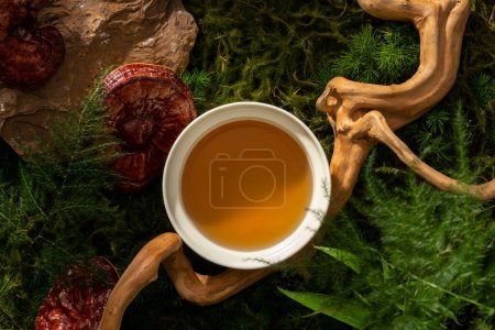 Photo for A ceramic bowl filled with tonic herbal medicine placed on green moss background with tree branch and Lingzhi mushroom. Lingzhi mushroom may benefit immune and overall health - Royalty Free Image