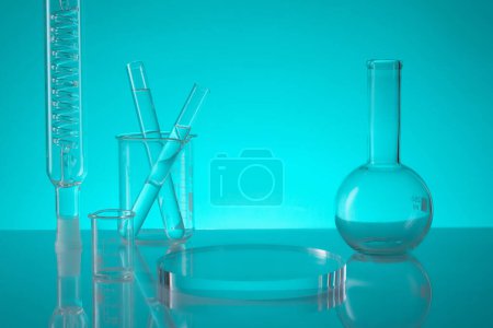 Photo for A round transparent podium displayed with a tube with spiral pipe inside, beakers, test tubes and a flat-bottom florence flask. Blank space to show your product - Royalty Free Image