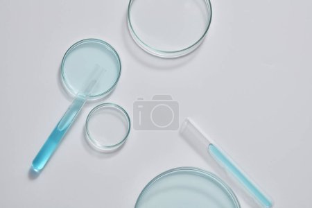 Foto de Escena mínima con placas de Petri de vidrio decoradas con tubos de ensayo llenos de líquido azul sobre fondo blanco. Área vacía para la exhibición del producto, espacio de copia - Imagen libre de derechos
