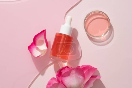 Photo for Flat lay of glass petri dish and unbranded dropper bottle filled with pink fluid extracted from Rose. Rose (Rosa) essential oil can protect skin from infection - Royalty Free Image