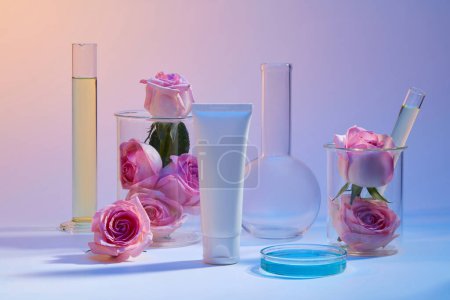 Photo for Research concept with Rose extract. Colorful liquid contained inside laboratory glassware. Skin care branding mockup with unbranded cosmetic tube - Royalty Free Image