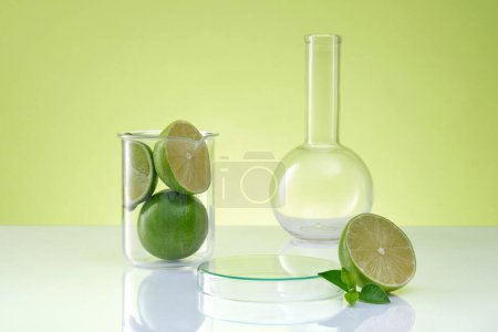 Ein Becher mit Limettenscheiben, dargestellt mit einem Flachboden-Fläschchen und einem transparenten Podium in runder Form. Produktkonzept für organische Schönheitspflege