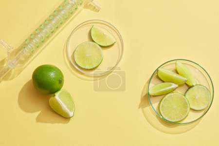 Téléchargez les photos : Les tranches de chaux sont affichées sur deux boîtes de Pétri en verre avec un condenseur contenant du liquide vert. L'huile essentielle de chaux (Citrus aurantiifolia) peut combattre l'oxydation à la surface de la peau - en image libre de droit