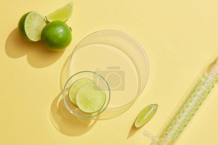 Podio redondo transparente con una placa de Petri de vidrio de rodajas de cal (Citrus aurantiifolia) colocadas, expuestas con un condensador. Escenario en el podio para la presentación del producto