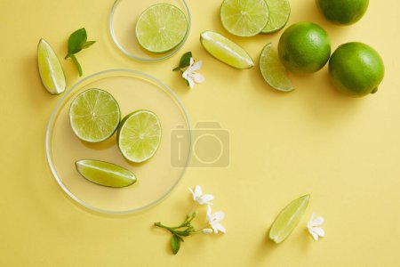 A round transparent podium and glass petri dish decorated with Lime slices and small flowers. Copy space to add your text. Product presentation of Lime (Citrus aurantiifolia) extract