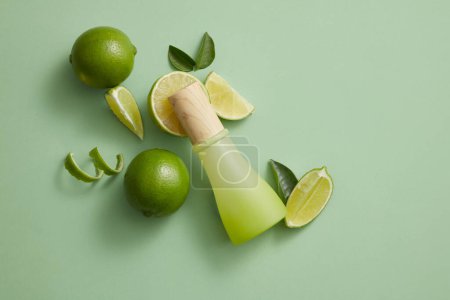Einige Limettenscheiben, Schalen und grüne Blätter, die mit einem unetikettierten Glas im Farbverlauf angeordnet sind. Limette (Citrus aurantiifolia) ist in der Kosmetikproduktion sehr nützlich