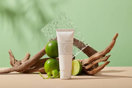 A white tube without label arranged with Lime slice and peels against pastel green background. Lime (Citrus aurantiifolia) is high in vitamin C that can help whitening skin