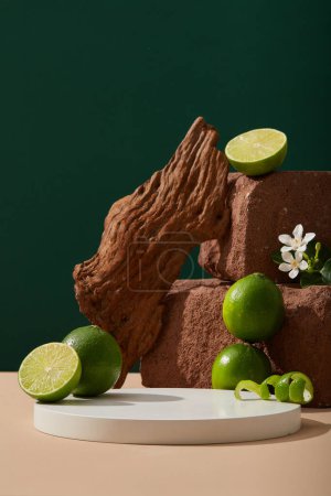 A stack of stones displayed with small white flowers, tree branch, Lime halves and peels. White round podium with empty space for organic product promotion of Lime (Citrus aurantiifolia) extract