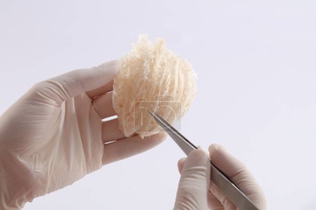 A gloved hand model is holding an edible bird nest and a tweezers on another hand with white background. Bird nest can help sleep well and reduce stress