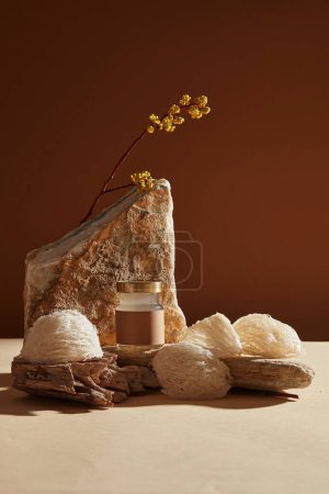 Photo for Empty label jar containing bird nest soup placed on stones with some edible bird nests around on dark background. Bird nest found in the wild, benefit health and skin - Royalty Free Image