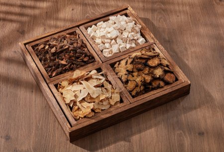A square wooden tray with 4 compartments containing Poria cocos, Szechuan Lovage Rhizome and other herbs. Traditional chinese medicine concept