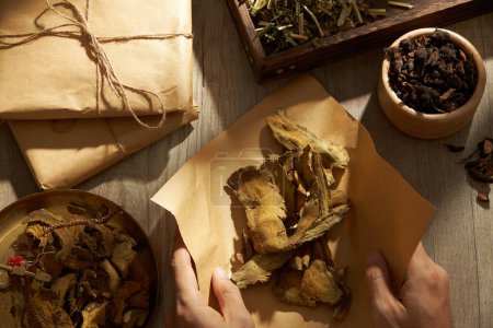 Photo for Rhubarb root and rhizome displayed on golden steelyard and being packed into a paper by hand model with Chinese motherwort, Purple Nutsedge and medicine packs. Traditional medicine advertising - Royalty Free Image