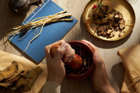 Modelo de mano usando mortero y pestle para machacar hierbas. Szechuan Lovage Rhizome, Dangshen y raíz de ruibarbo y rizoma mostrados alrededor. Concepto de medicina saludable