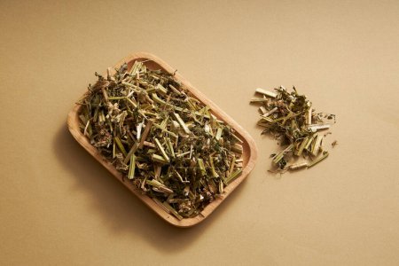 Chinese motherwort on wooden dish displayed on beige background. Chinese motherwort (Leonurus japonicus) is a precious medicinal plant for women with the ability to cure common diseases in women