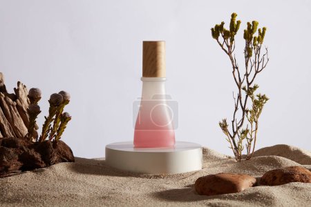 A circle podium in white color with a pink and white gradient jar standing on. Desert concept. Empty label for product mockup