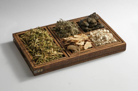 Photo for Some types of herb are placed on a wooden tray with five compartments. Herbs are a natural approach to prevention, healing and health support - Royalty Free Image