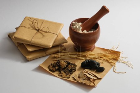 A mortar with Poria cocos and pestle inside, Dang shen, Bai Zhu, Szechuan Lovage Rhizome and Radix rehmanniae displayed around. Herbs may improve brain function and energy levels