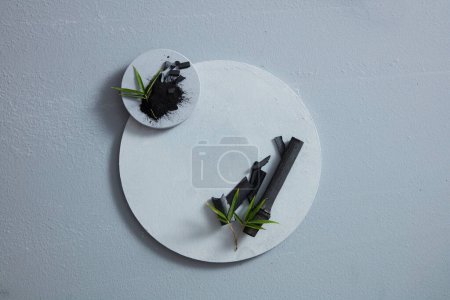 Foto de Bambú negro con hojas verdes y un plato de carbón negro en polvo, el espacio en blanco para añadir el producto. Puesta plana - Imagen libre de derechos
