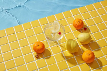 Foto de Un vaso con algunos limones y naranjas sobre el fondo amarillo del mosaico. Una vista de pájaro - Imagen libre de derechos