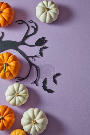 Photo for White and orange pumpkins on purple background with paper owl and bat. Halloween decoration. Flat lay - Royalty Free Image