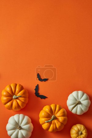 Photo for Halloween pumpkins decorated on orange background with bat stickers. Blank space for adding text or products - Royalty Free Image