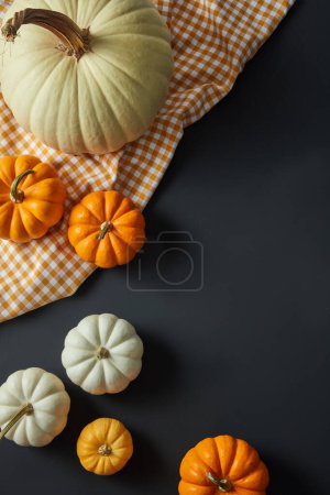 Concept for a happy Halloween holiday with napkin and few pumpkins in different sizes. Product can be added to blank space