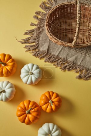 Happy halloween product mockup. Brown basket on a towel. Happy Halloween holiday concept