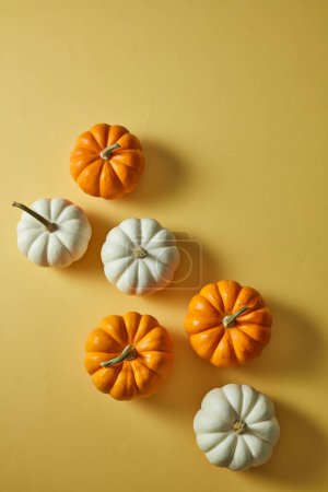 Halloween decorations on yellow background with white and orange pumpkins .View from above. Flat lay
