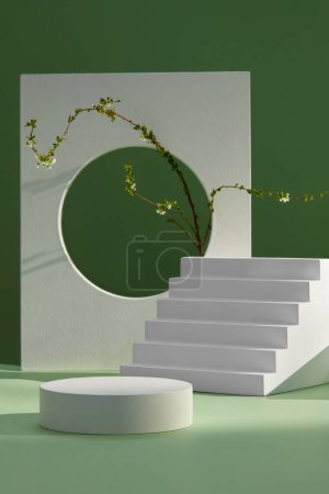 Photo for Green backdrop decoration with empty podium and stairway for product advertising - Royalty Free Image