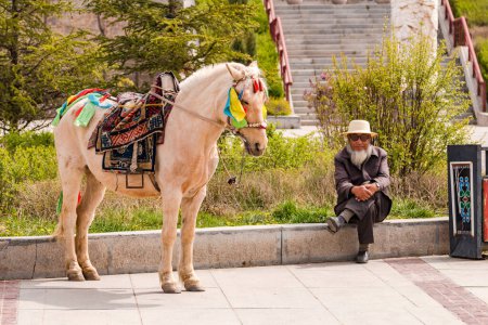 Téléchargez les photos : A man with a beard and a hat next to a decorated horse in sunshine at Ta'er Kumbum Champa Ling Monastery near Xining, China - en image libre de droit