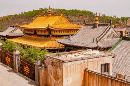 Téléchargez les photos : View over the golden roofs of the Tibetan monastery complex Ta'er Kumbum near Xining, China - en image libre de droit
