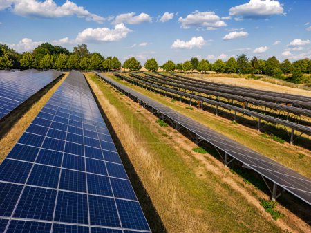 Énergie régénérative à l'aide de panneaux solaires sur un champ agricole en été avec la nature et le soleil