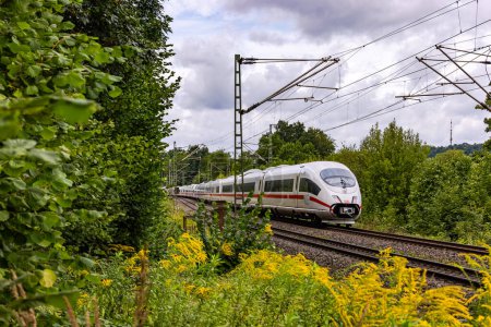 An ICE express train for long-distance passenger transportation between flowering plants and trees on a railroad line in Bavaria