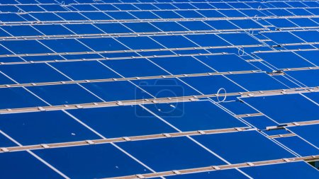 Foto de Paneles solares desde un campo solar para generar energía renovable con luz solar hasta el horizonte - Imagen libre de derechos