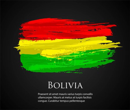 Téléchargez les illustrations : Modèle vectoriel Illustration Bolivie drapeau Amérique du Sud pays rouge jaune vert pinceau peinture aquarelle trait dessiné à la main et la texture. Vecteur Grunge isolé sur fond noir - en licence libre de droit