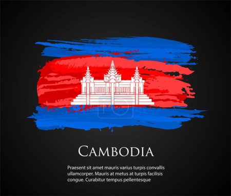 Ilustración de Plantilla de vector Ilustración Bandera de Camboya Asia país rojo blanco azul pincel pintura acuarela mano dibujado trazo y textura. Grunge vector aislado sobre fondo negro - Imagen libre de derechos