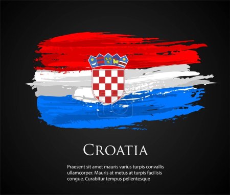 Ilustración de Vector plantilla Ilustración Croacia bandera Europa país rojo blanco azul pincel pintura acuarela mano dibujado trazo y textura. Grunge vector aislado sobre fondo negro - Imagen libre de derechos