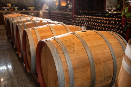 Téléchargez les photos : Vieux tonneaux de vin en bois empilés dans une cave afin - en image libre de droit