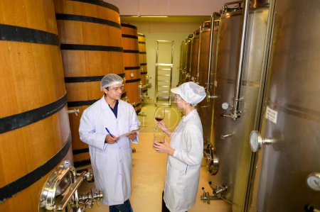 Téléchargez les photos : Vigneron professionnel contrôlant le processus de vinification et la qualité à l'usine de vinification - en image libre de droit