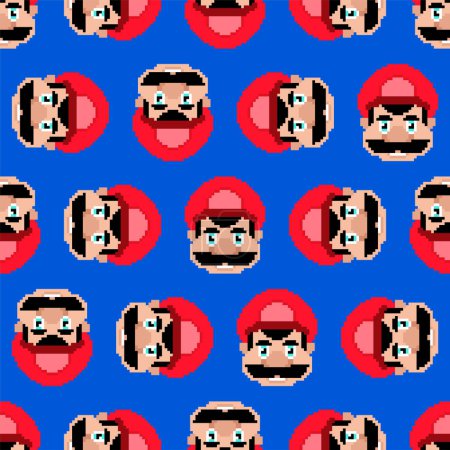 Illustration for Mustachioed plumber video game pattern. Ornament of kids fabric - Royalty Free Image