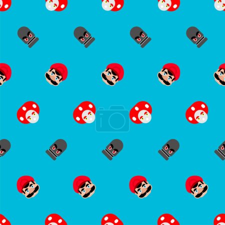 Mustachioed plumber video game pattern. Ornament of kids fabric