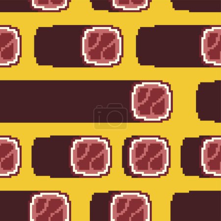 Téléchargez les photos : Pixel art Saucisse séchée séchée Jerky Pattern sans couture. Délice de viande de sujuk 8 bits Contexte - en image libre de droit